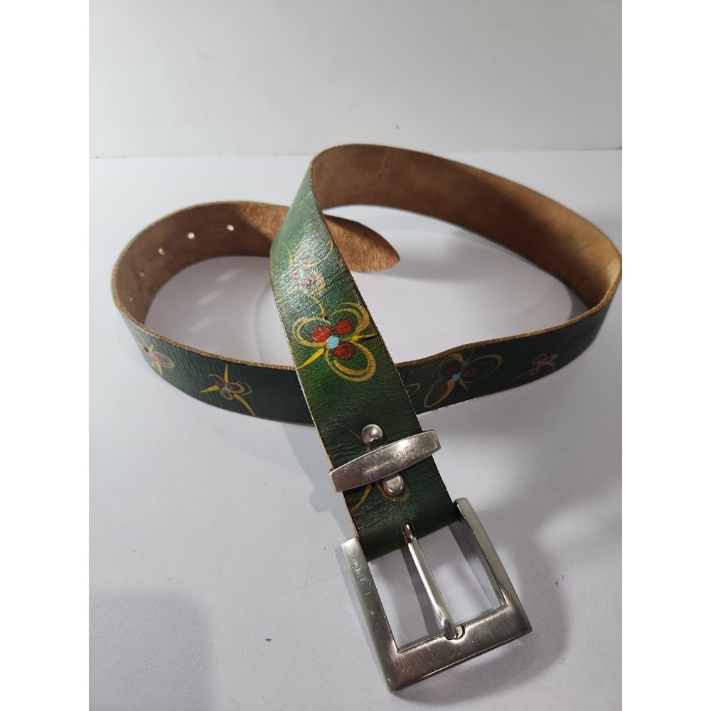 Vintage Hand Painted Floral Green Leather Belt Boho Western Silver Buckle 37.5in